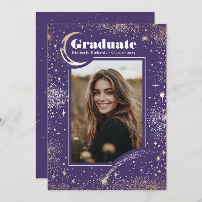Celestial Modern Purple Graduate Photo Graduation Announcement (Front/Back)