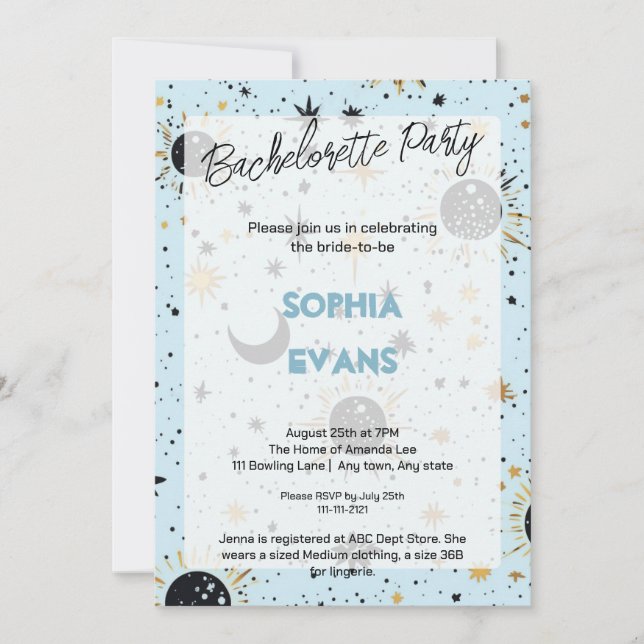 Celestial Modern Wedding Bachelorette Party Invitation (Front)