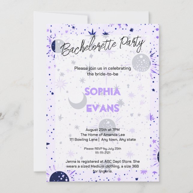 Celestial Modern Wedding Bachelorette Party Invitation (Front)