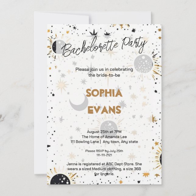 Celestial Modern Wedding Bachelorette Party Invitation (Front)