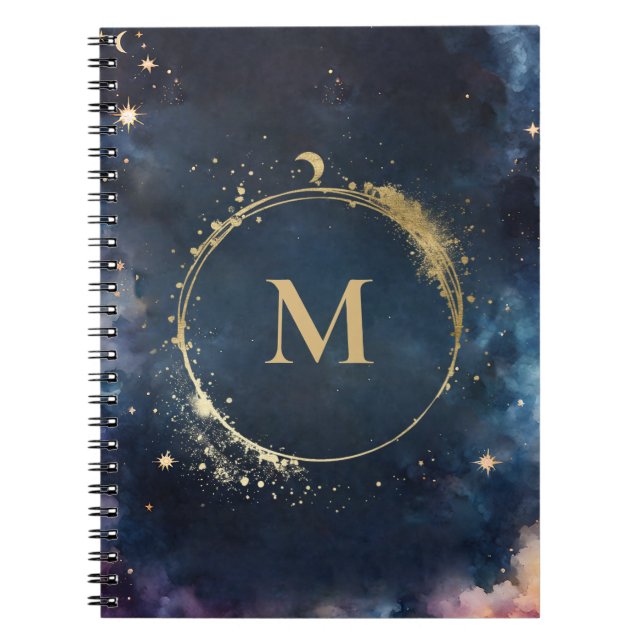 Celestial Monogram Blue Gold Galaxy Sky Planets Notebook (Front)