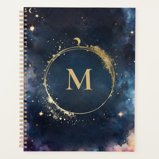 Celestial Monogram Blue Gold Galaxy Sky Planets Planner (Front)