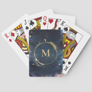 Celestial Monogram Blue Gold Galaxy Sky Planets Playing Cards