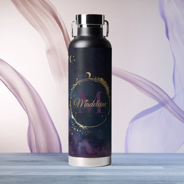 Celestial Monogram Blue Gold Galaxy Sky Planets Water Bottle (elestial galaxy personalized midnight blue space water bottle custom name gift)