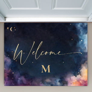 Celestial Monogram Blue Gold Galaxy Sky Welcome Doormat