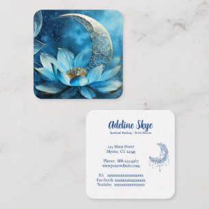 Celestial moon and lotus flower square business card
