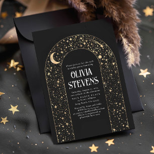 Celestial Moon and Stars Black Mystical Birthday Invitation