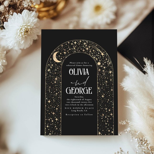 Celestial Moon and Stars Black Rehearsal Dinner Invitation (Celestial Stars Arch Black and Gold Rehearsal Dinner Invitations)