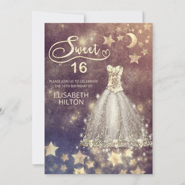 Celestial moon and stars calligraphy sweet sixteen invitation (Front)