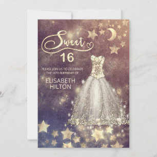 Celestial moon and stars calligraphy sweet sixteen invitation