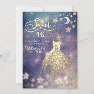 Celestial moon and stars calligraphy sweet sixteen invitation