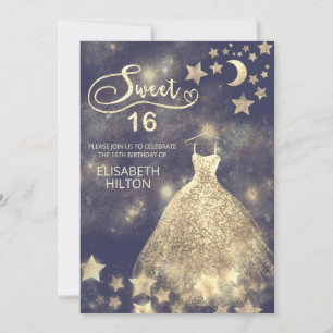 Celestial moon and stars calligraphy sweet sixteen invitation
