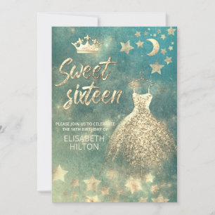 Celestial moon and stars calligraphy sweet sixteen invitation