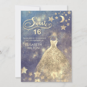Celestial moon and stars calligraphy sweet sixteen invitation