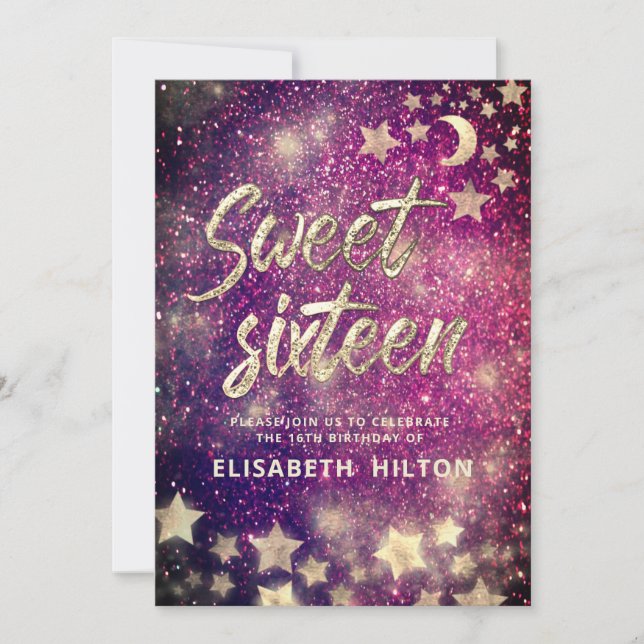Celestial moon and stars calligraphy sweet sixteen invitation (Front)