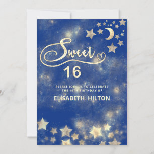 Celestial moon and stars calligraphy sweet sixteen invitation