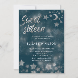 Celestial moon and stars calligraphy sweet sixteen invitation