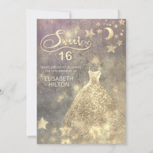 Celestial moon and stars calligraphy sweet sixteen invitation