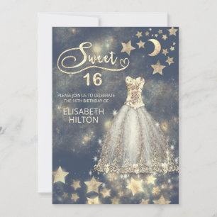 Celestial moon and stars calligraphy sweet sixteen invitation