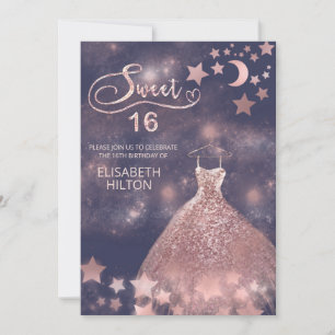 Celestial moon and stars calligraphy sweet sixteen invitation