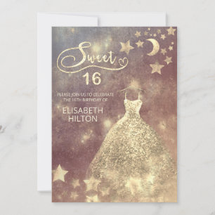 Celestial moon and stars calligraphy sweet sixteen invitation