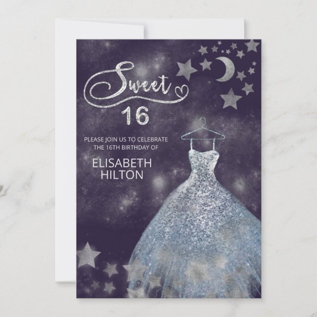 Celestial moon and stars calligraphy sweet sixteen invitation (Front)