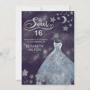 Celestial moon and stars calligraphy sweet sixteen invitation