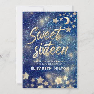Celestial moon and stars calligraphy sweet sixteen invitation