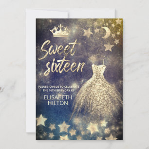 Celestial moon and stars calligraphy sweet sixteen invitation