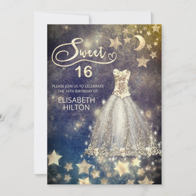 Celestial moon and stars calligraphy sweet sixteen invitation (Front)