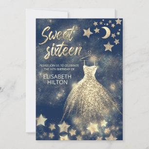 Celestial moon and stars calligraphy sweet sixteen invitation