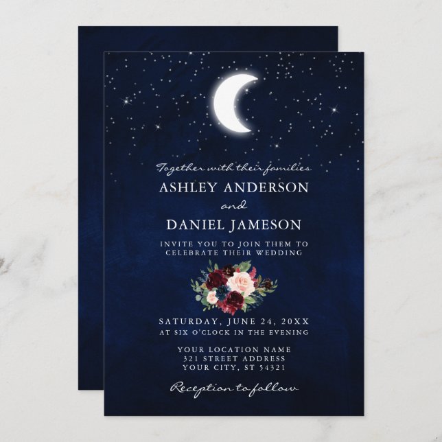 Celestial Moon and Stars Floral Photo Wedding Invitation (Front/Back)