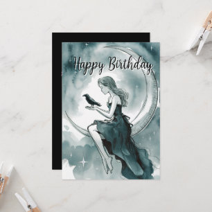 Celestial Moon And Stars,Girl & Crow Birthday  Invitation