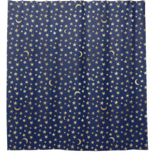 Celestial Moon and Stars Gold and Navy Shower Curtain