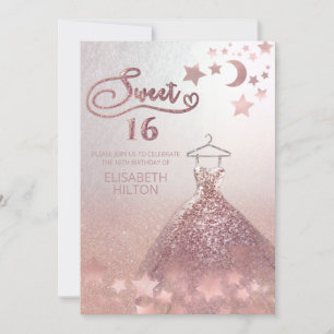 Celestial moon and stars rose gold sweet sixteen invitation