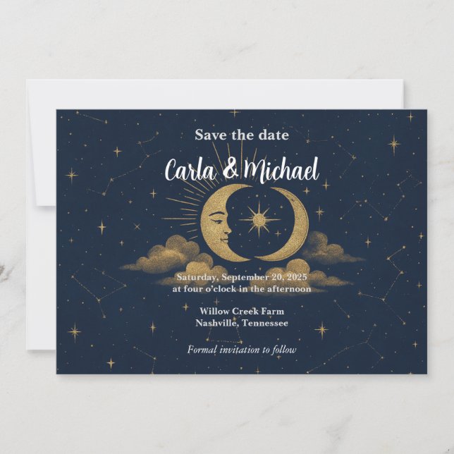 Celestial Moon and Stars Save the Date Invitation (Front)
