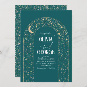 Celestial Moon and Stars Teal Rehearsal Dinner Invitation