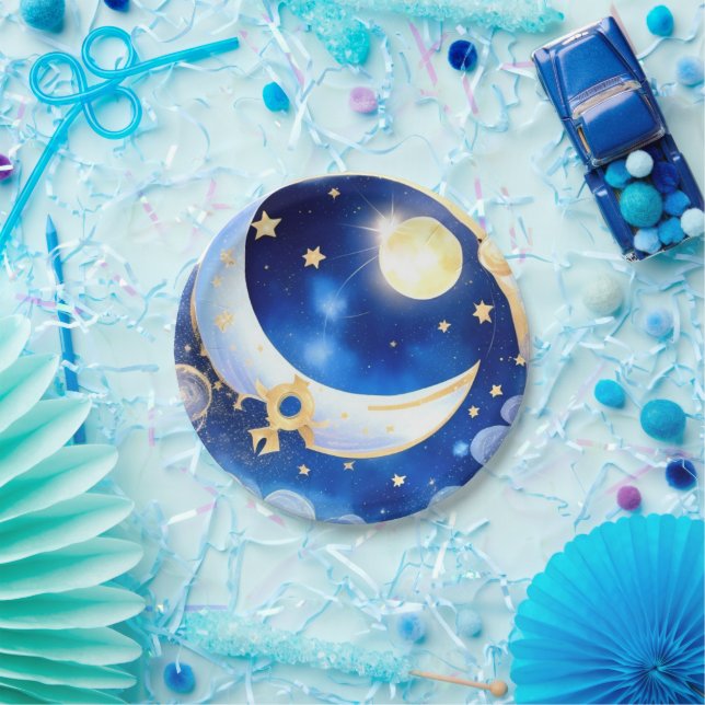 Celestial Moon and Stars Theme Boy Baby Shower Paper Plate (Party)