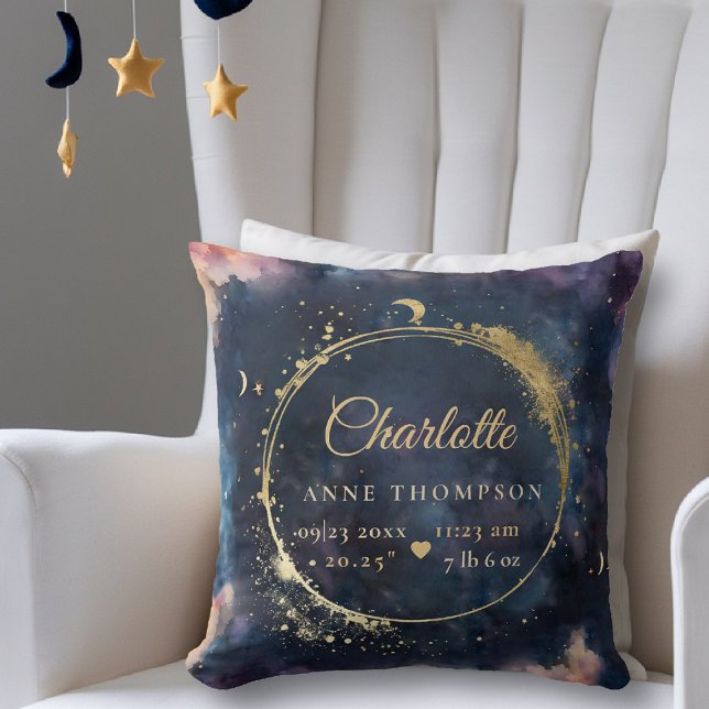 Celestial Moon Birth Stats Keepsake Navy Nursery Cushion (celestial baby birth stats keepsake throw pillow star moon cosmos galaxy boho nursery decor)