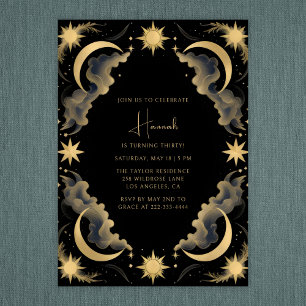 Celestial Moon Black Gold Tarot Witch Birthday Invitation