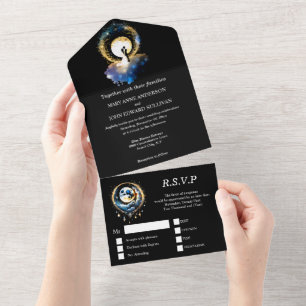 Celestial moon bridal couple silhouette starry  all in one invitation