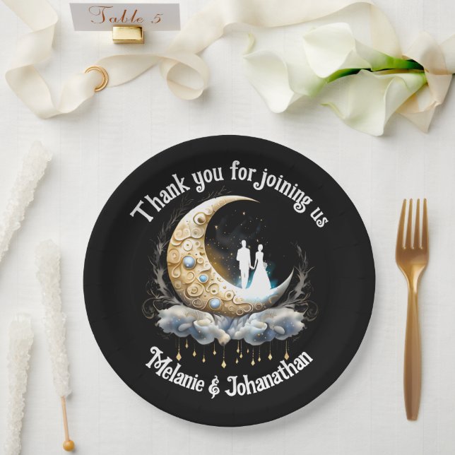 Celestial moon bridal silhouette starry night sky paper plate (Wedding)