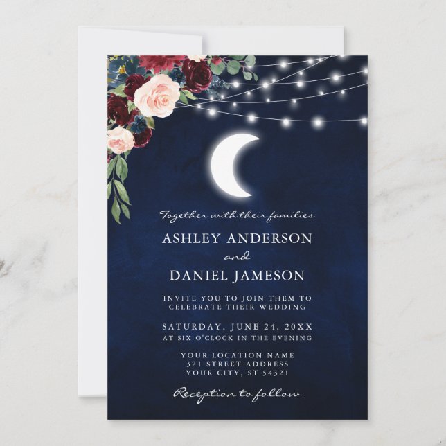 Celestial Moon Burgundy Floral Lights Wedding Invitation (Front)