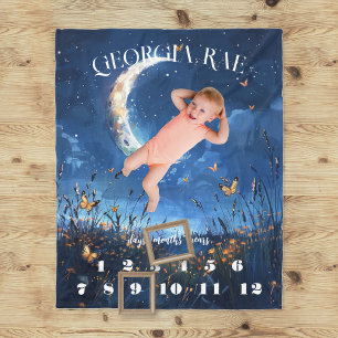 Celestial Moon & Butterfly Baby Milestone Fleece Blanket