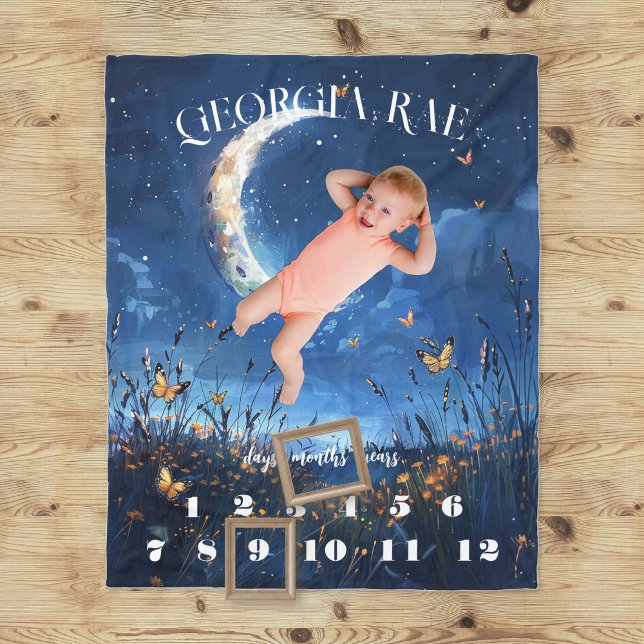 Celestial Moon & Butterfly Baby Milestone Fleece Blanket (Creator Uploaded)