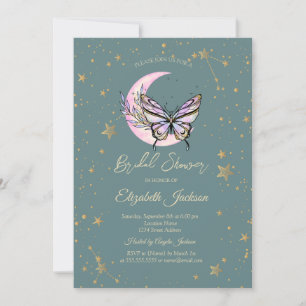 Celestial Moon,Butterfly Stars Green Bridal Shower Invitation