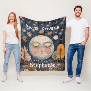 Celestial Moon Custom Name Sweet Dreams Kids Cute Fleece Blanket