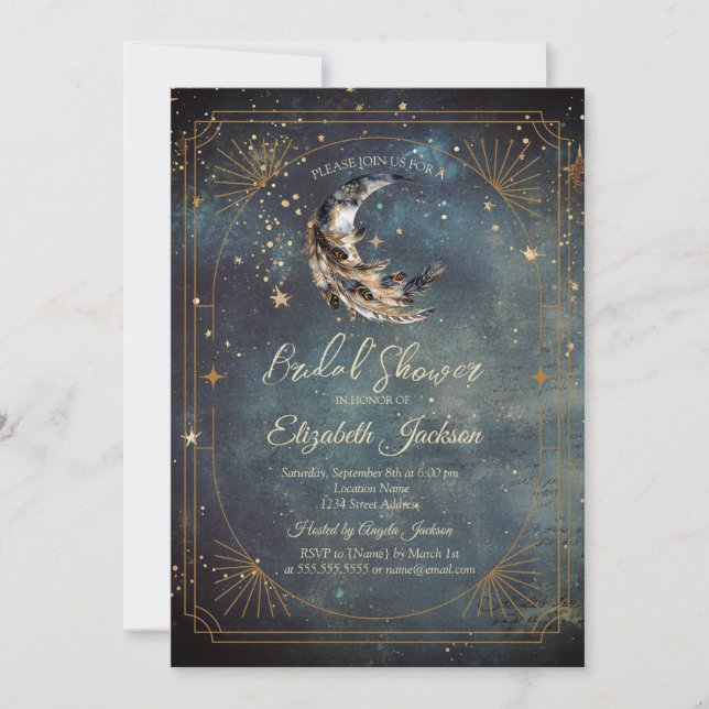 Celestial Moon Feather Frame Sky Bridal Shower Invitation (Front)