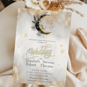 Celestial Moon Feather Gold Stars Watercolor Invitation