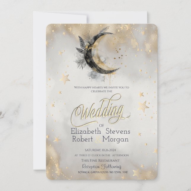 Celestial Moon Feather Gold Stars Watercolor Invitation (Front)